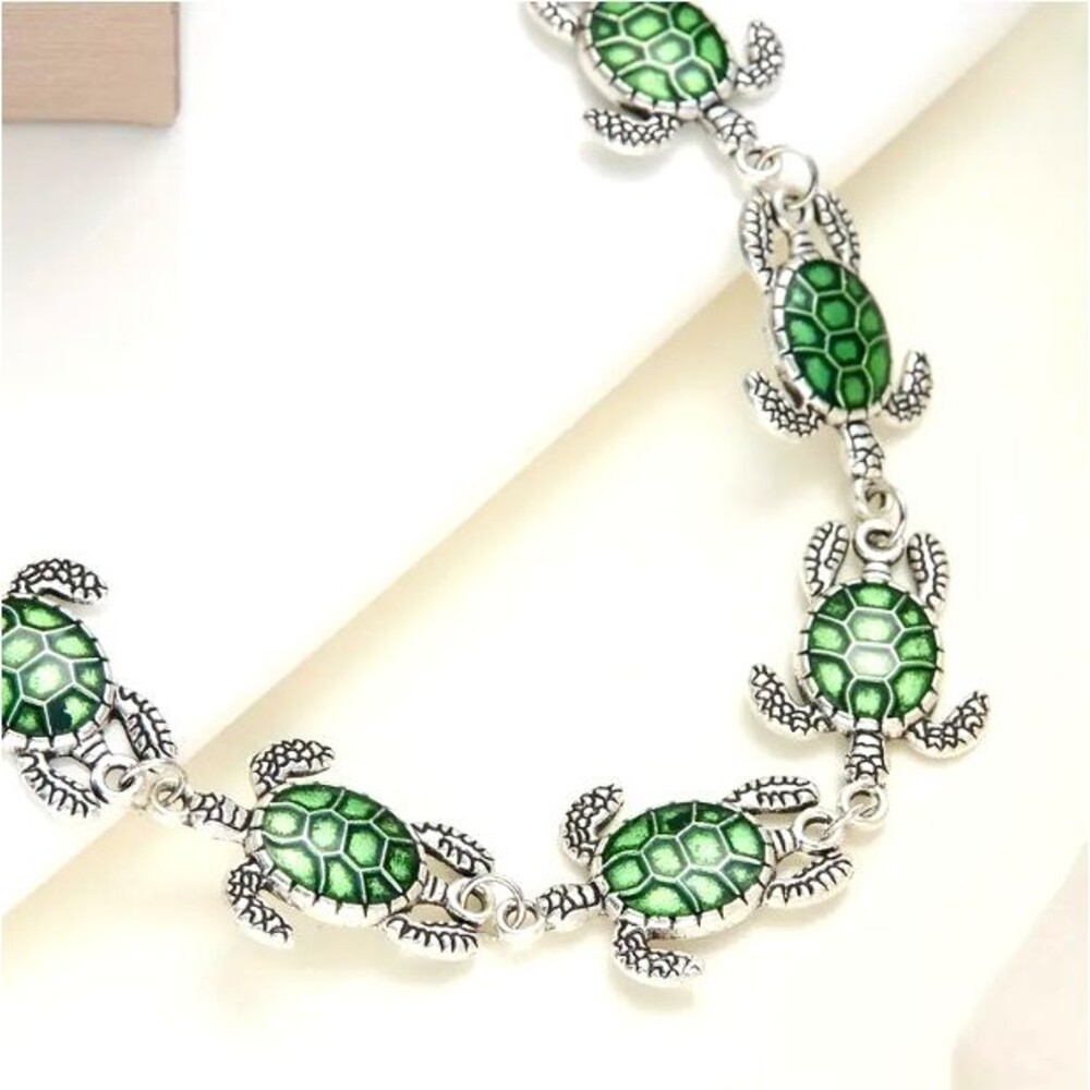 Silver GREEN Turtle Turtles Adjustable Bracelet